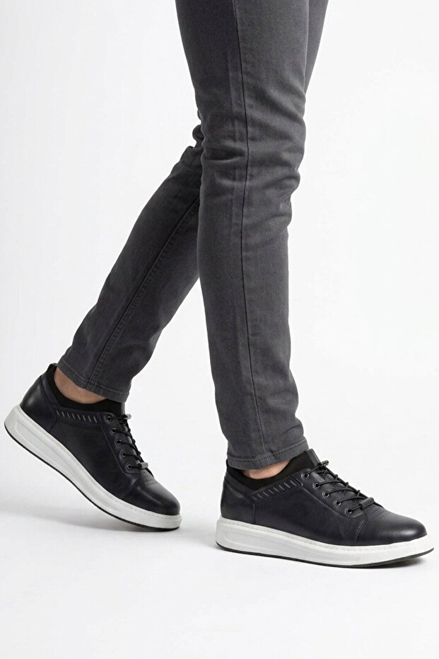 Navy Blue Genuine Leather Rubber Laced Comfortable Sole Men's Casual Shoes 4190 m