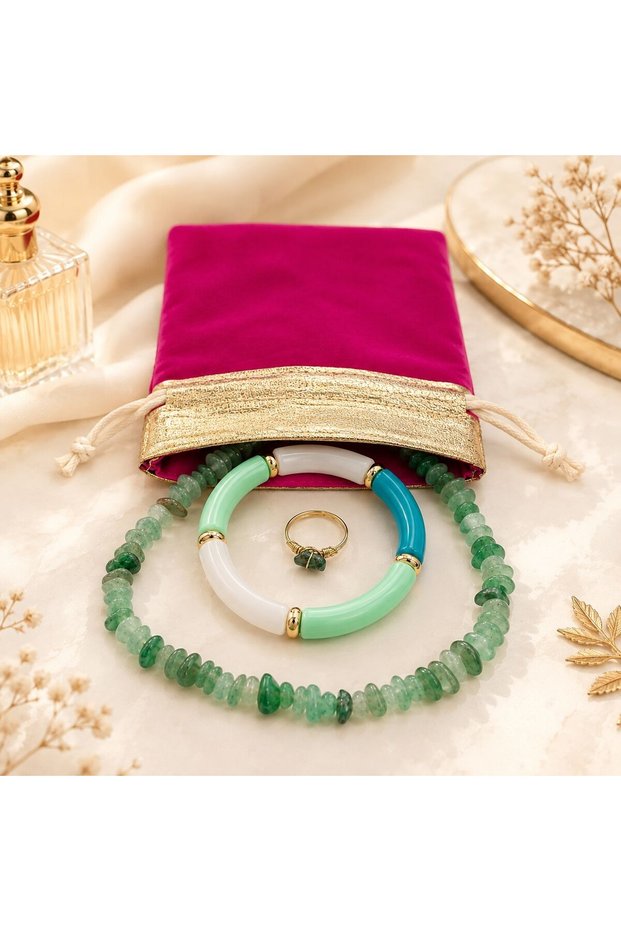 Aventurine Natural Stone Jewelry Set | Necklace Bracelet Adjustable Ring and Velvet Pouch