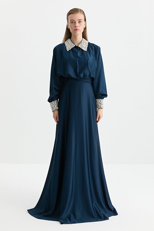 Satin Evening Dress with Stones on the Collar and Cuffs - Navy Blue