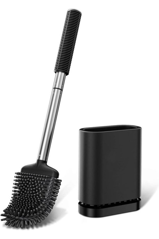 Toilet brush silicone toilet brush with holder, 13.4x6.5x16.3 cm, Stainless Steel handle, Black, Flexible head