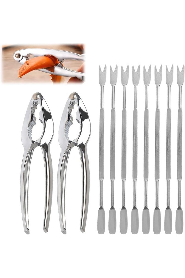 10-piece crab claw seafood tool set, including 2 crab claws and 8 forks, stainless steel lobster and crab claws, easy to clean, seafood nut tongs.