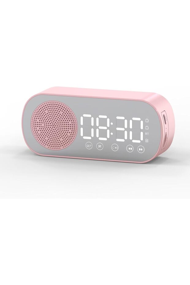 Wireless speaker, music radio, rechargeable digital alarm clock, subwoofer, TF card slot, suitable for bedroom, studio, and office décor (pink).