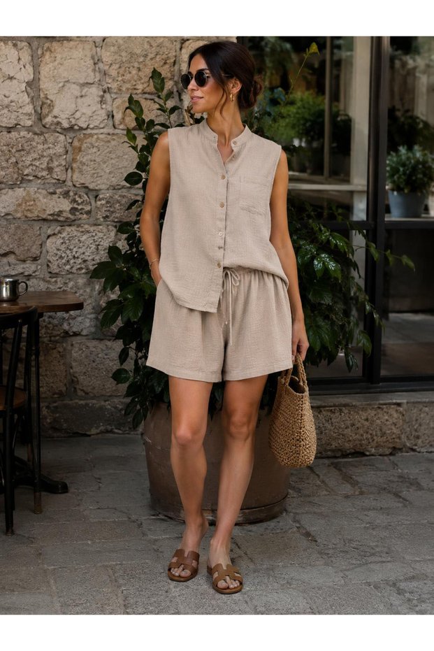 100% Muslin Cotton Fabric Stone Color Shirt Shorts Top and Bottom Set