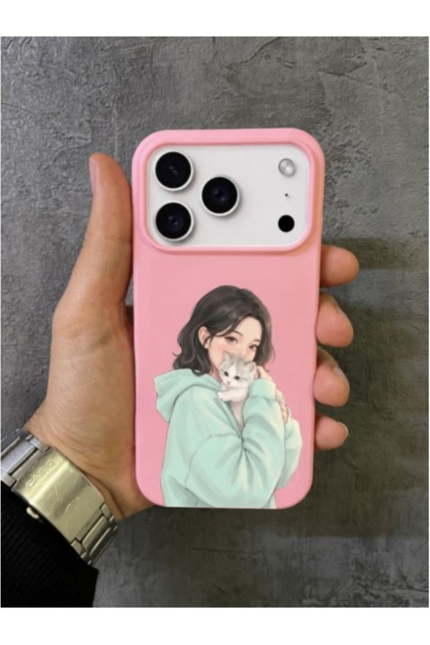 iPhone 17 Pro Max Compatible Pink Case with Pattern of a Girl Holding a Cat
