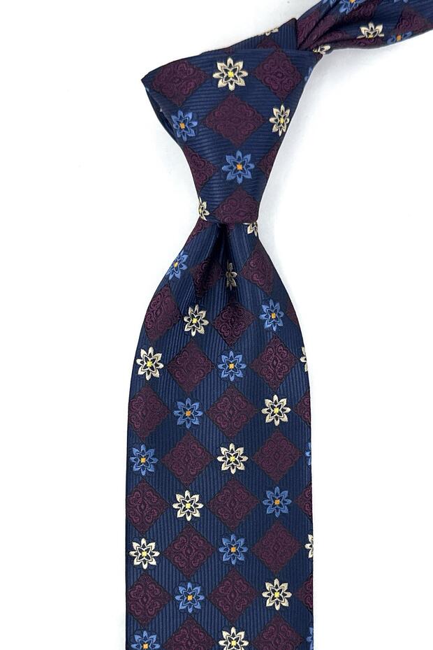 Navy Blue Plum Motif Pattern Classic Tie with Handkerchief Kk13941