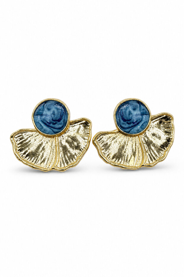 Yellow Tone Fan Design Blue Enamel Detailed Bijouterie Earrings
