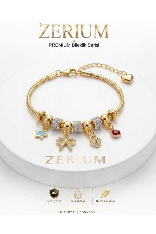 Women's Steel Charm Bracelet Premium Series with Ribbon Lock and Star Figure