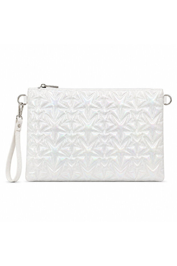 High Quality Women's White Star Patterned Holographic Portfolio Bag Clutch – Star Patterned, Wrist Strap, Zipper Closure, with Chain Gift