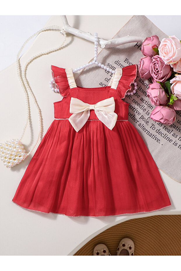 Girls Red Ruffled Detail Dress with Bow