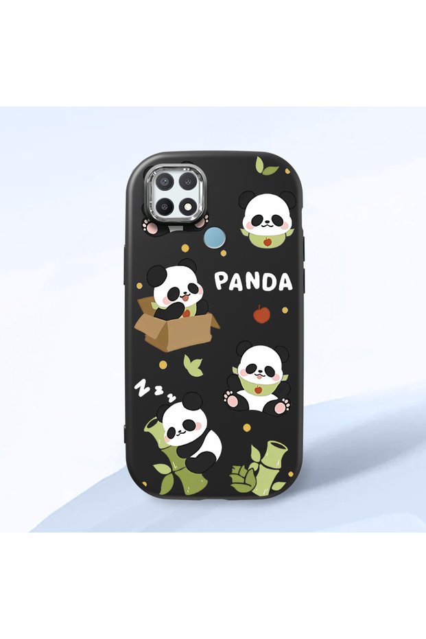Oppo A15 Compatible Case Camera Protector Black Silicone Couple Phone Case Panda Patterned