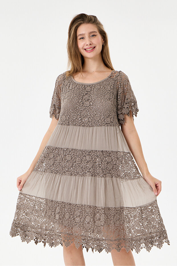 Mink Italian Sequin Embroidered Lace Lined Silk Dress 38 - 44 Size