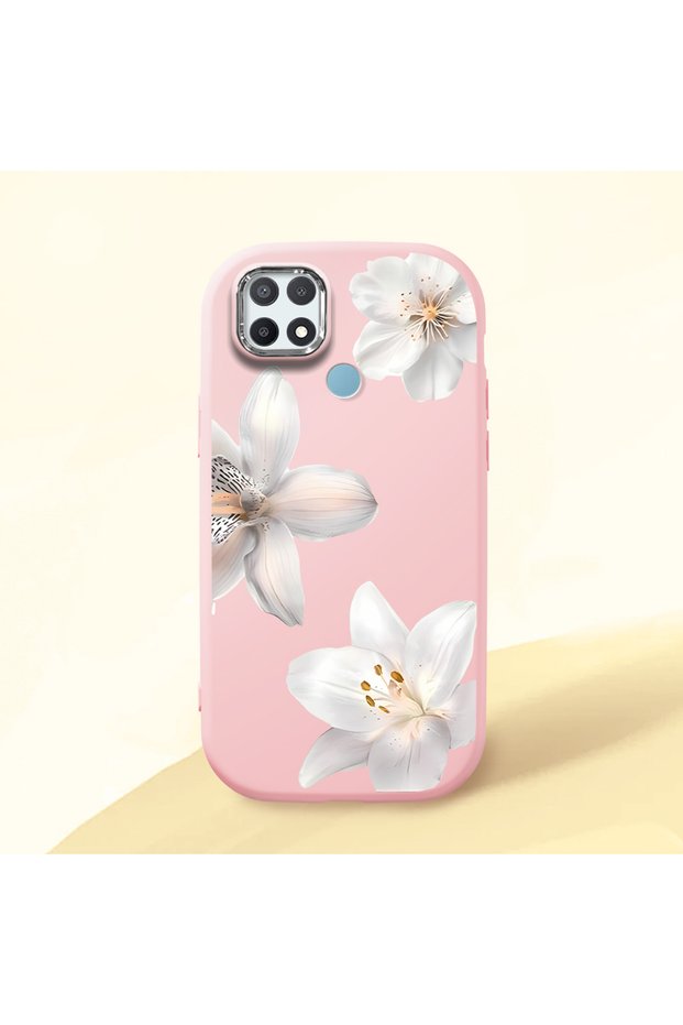 Oppo A15 Compatible Case Camera Protector Pink Silicone Couple Phone Case with Floral Pattern