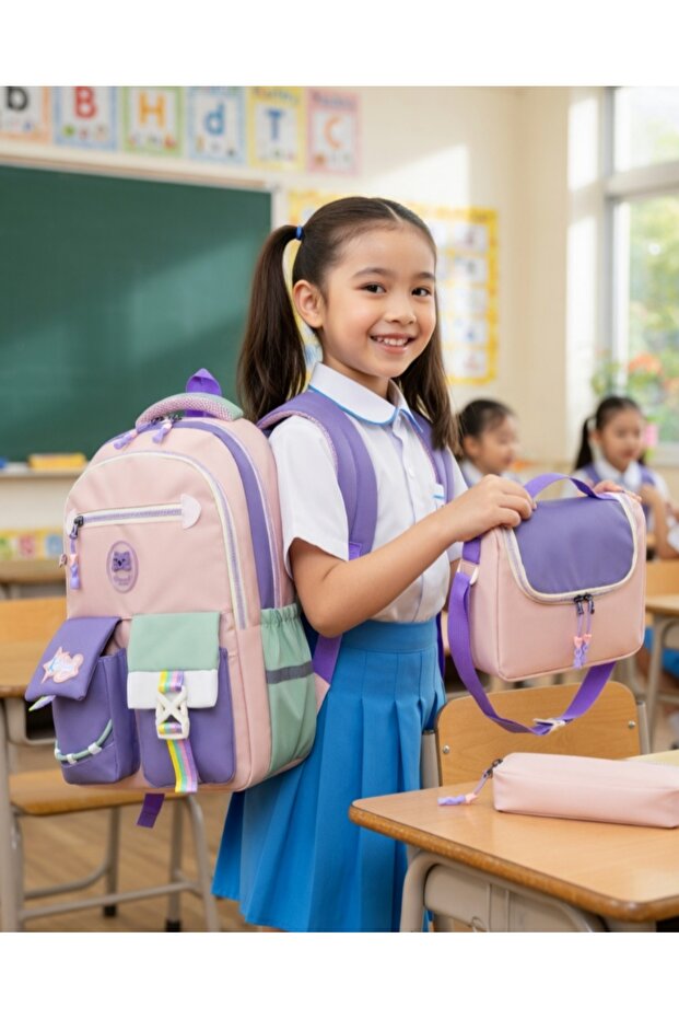 A+ Quality Pink Girl Korean Style Primary School Orthopedic 3-Piece Set with Pen Holder, Foil-Lined Lunch Bag, 4 Compartments 516