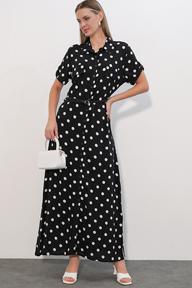 1661 Women's Polka Dot Long Belted Dress - B. Black