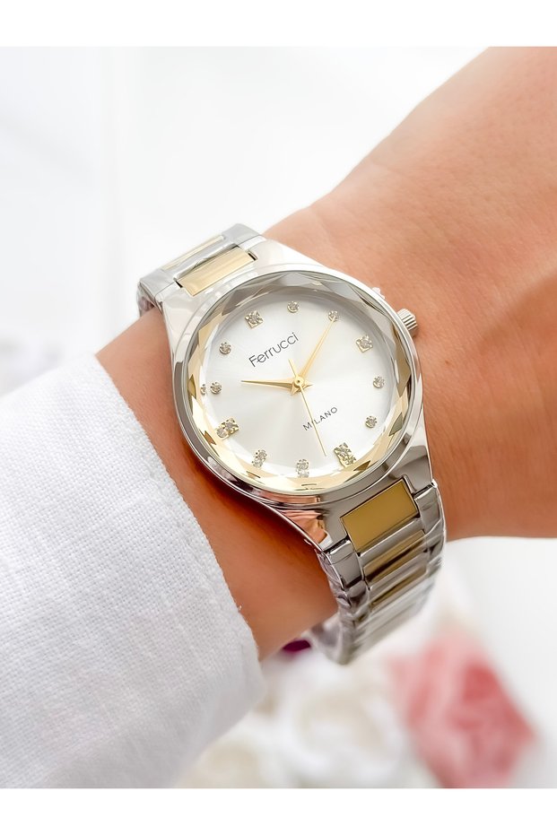 Stylish Gold Silver Color Women's Wristwatch with Cut Glass