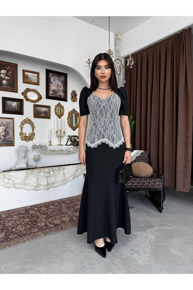 Women's Black Midi Dress Heart Collar Lace Detailed Balloon Sleeve Evening Dress