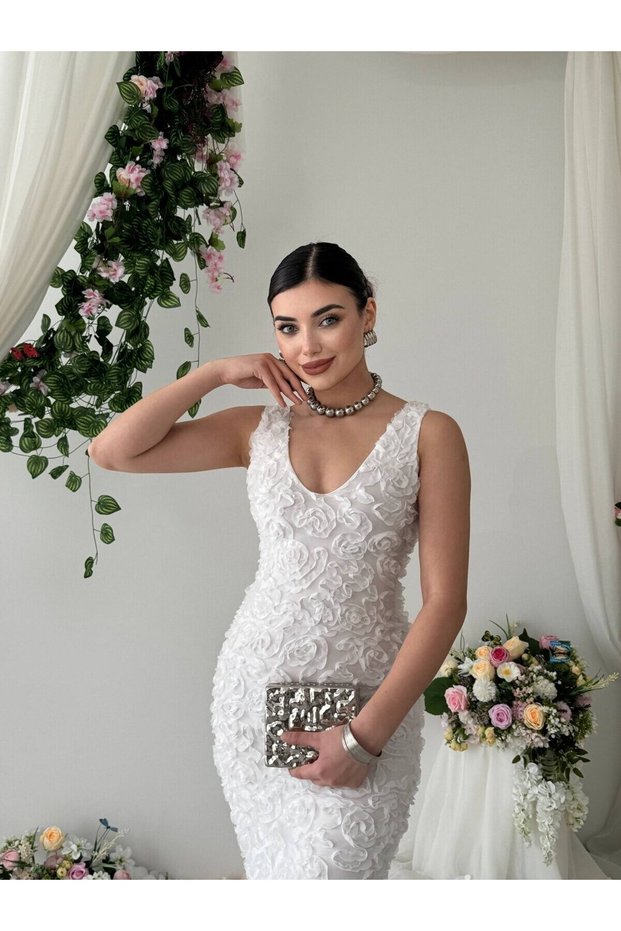 Women's White Midi Dress V-Neck Sleeveless 3D Rose Appliqué Fitted Dress