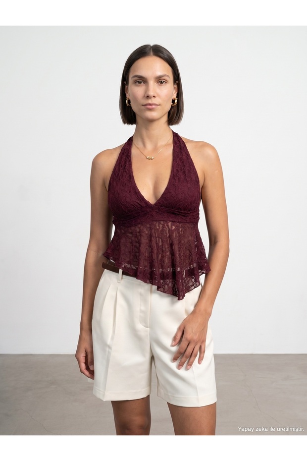 21228 Lace Halter Neck Top-Burgundy