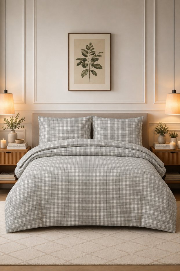 Cotton Collection Plaid Flannel Double Duvet Cover Set 200X220 + 160X200 + 2/50X70 cm