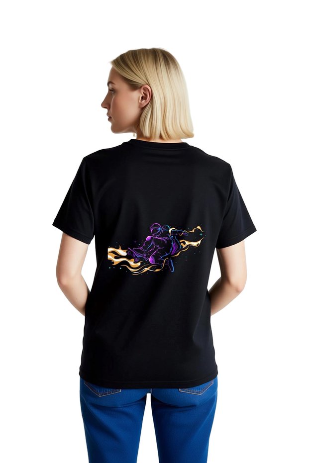 Women's Neon Astronaut Skateboard Printed Short Sleeve T-Shirt 100% Cotton Relaxed Fit Casual Modern Stylish Elegant
