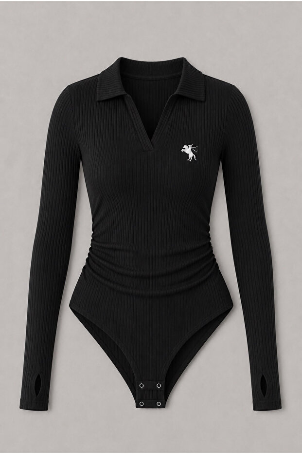 Steed Polo Collar Embroidered Drawstring Detailed Bodysuit with Finger Loop Detail