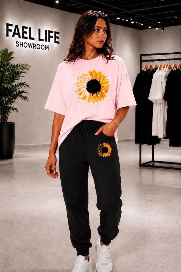 Unisex Wide Cut T-Shirt and Sweatpants Moonflower Printed Set