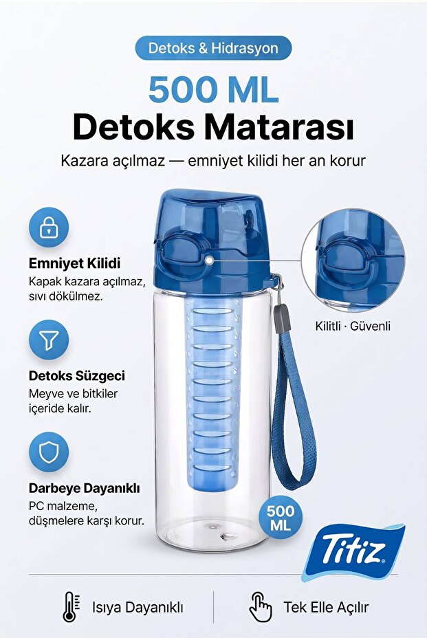 Detox Lockable Lid Polycarbonate Water Bottle with Filter 500 ml