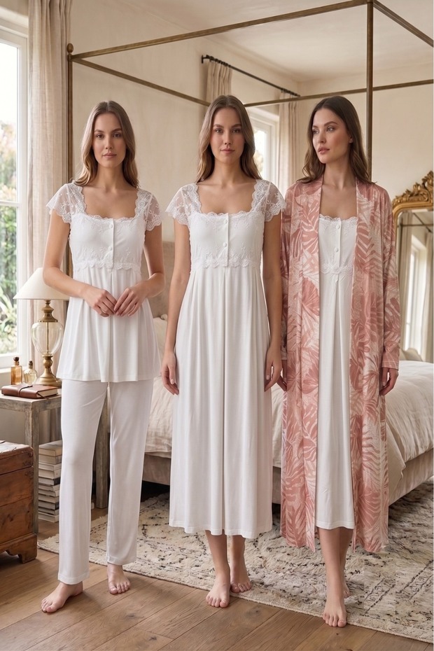 Effortt Maternity Patterned Dressing Gown, Nightgown and Pajama Set Maternity Set 2316