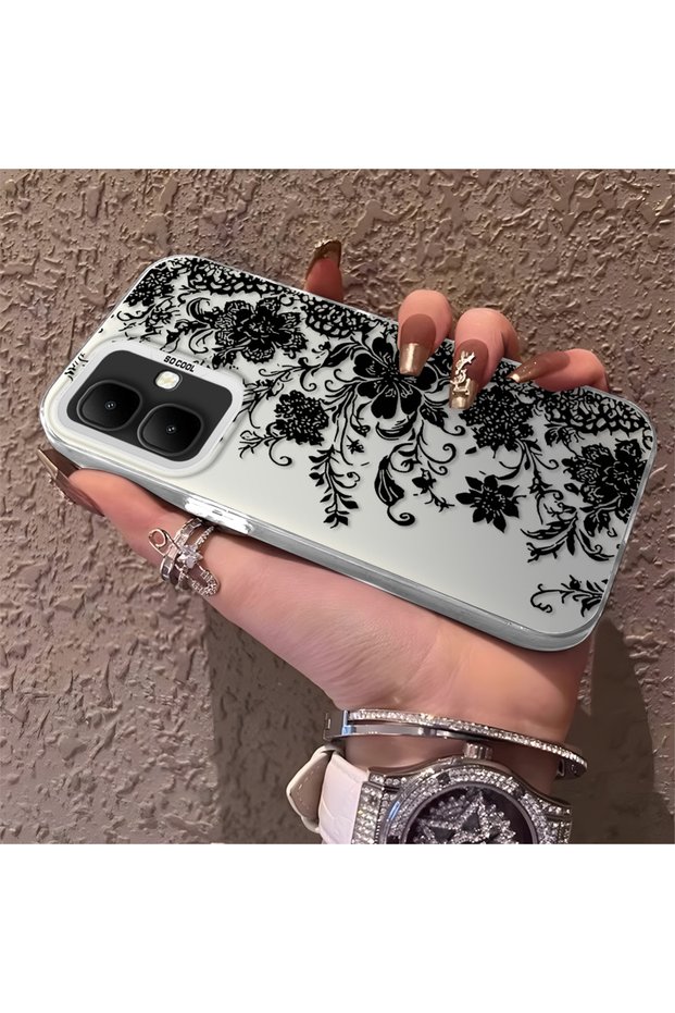 Infinix Smart 10 Compatible Elegant Black Lace Flower Pattern Case, High Quality Matte Phone Case