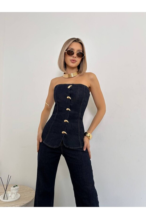 Women's Navy Blue Top and Bottom Set Strapless Denim Bustier and Wide Leg Pants 2-Piece Set