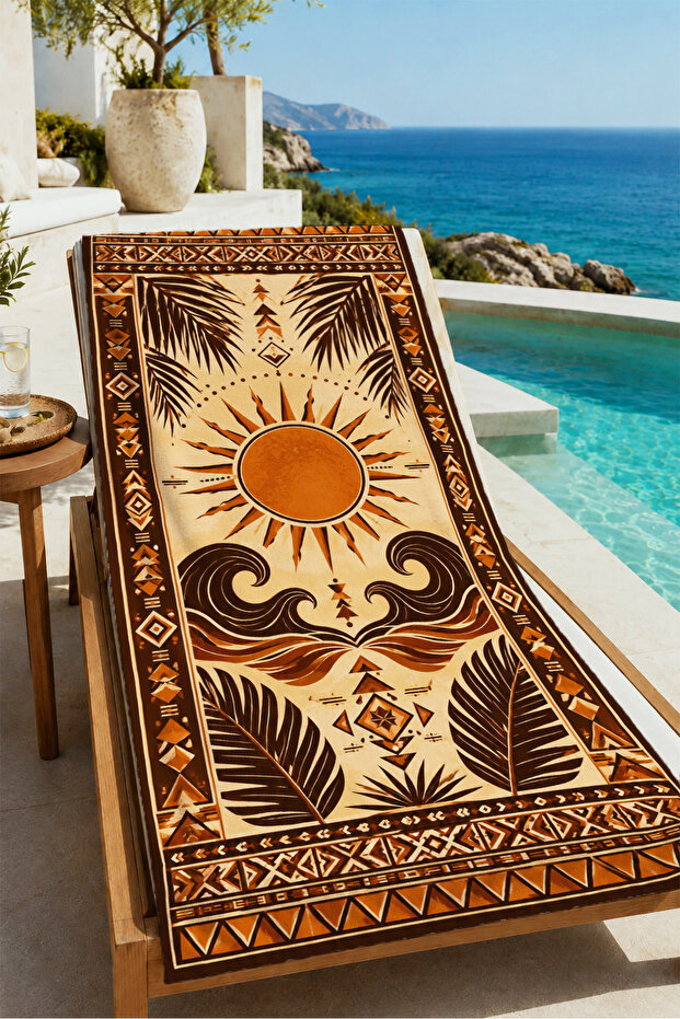 Vintage Black Gold Sun and Wave Pattern 70X150 Beach Towel - Digital Printed Bath Towel