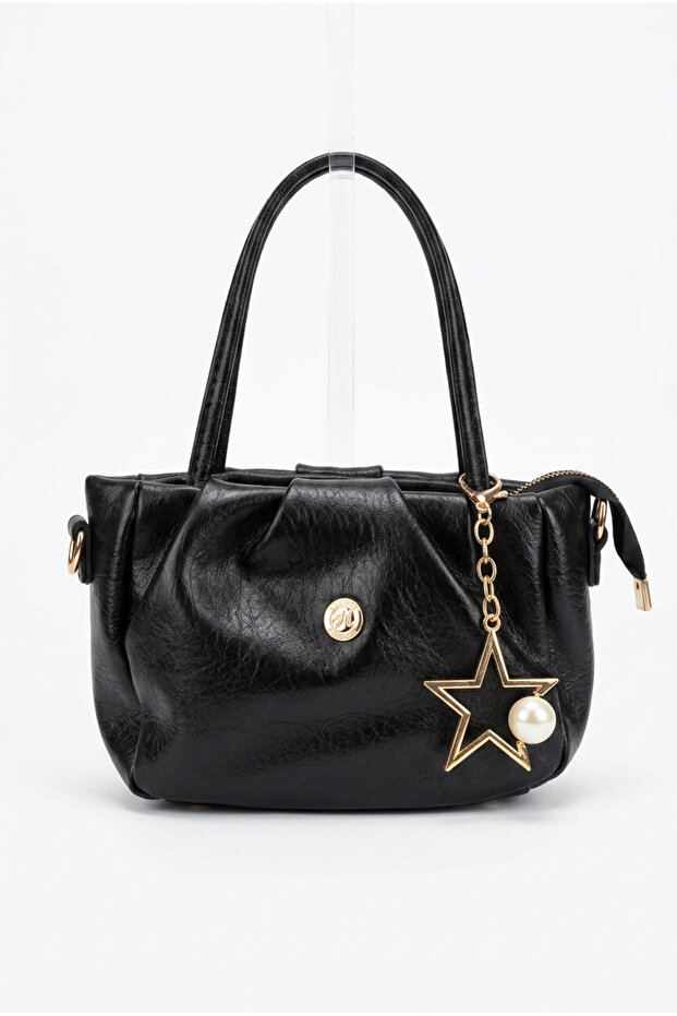 Women's Black Color Zippered Lined Star Detailed Hand and Shoulder Bag