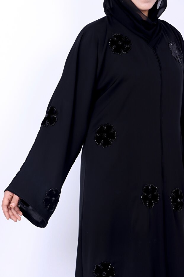 * Black Velvet Floral Patchwork Embroidered Abaya