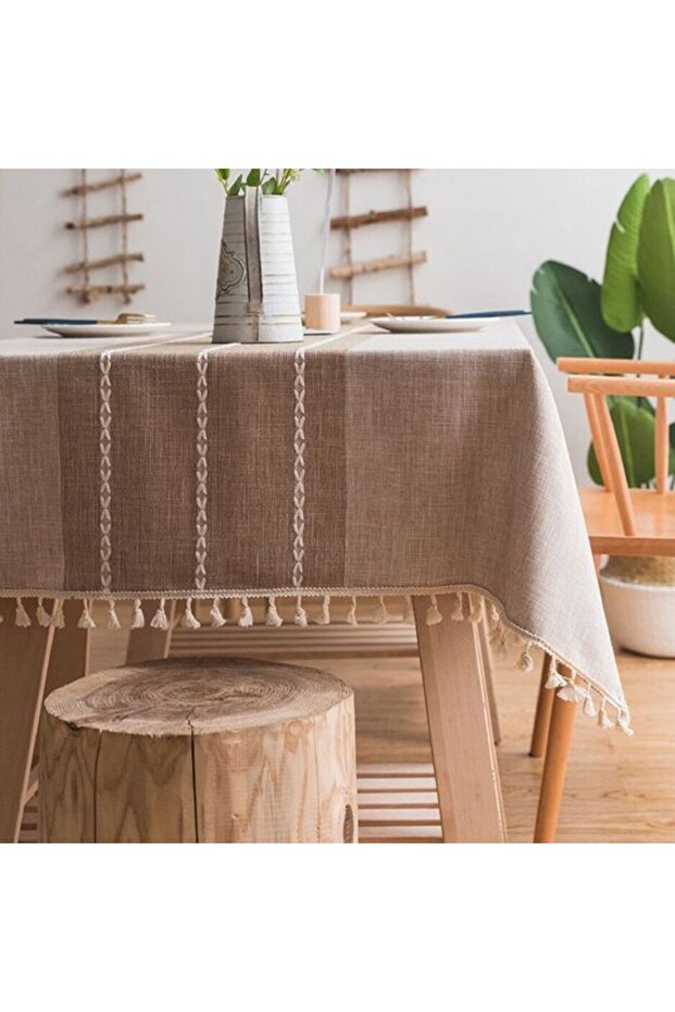 Sustainable cotton and linen tablecloth, rectangular, embroidered, khaki, 140x250 cm