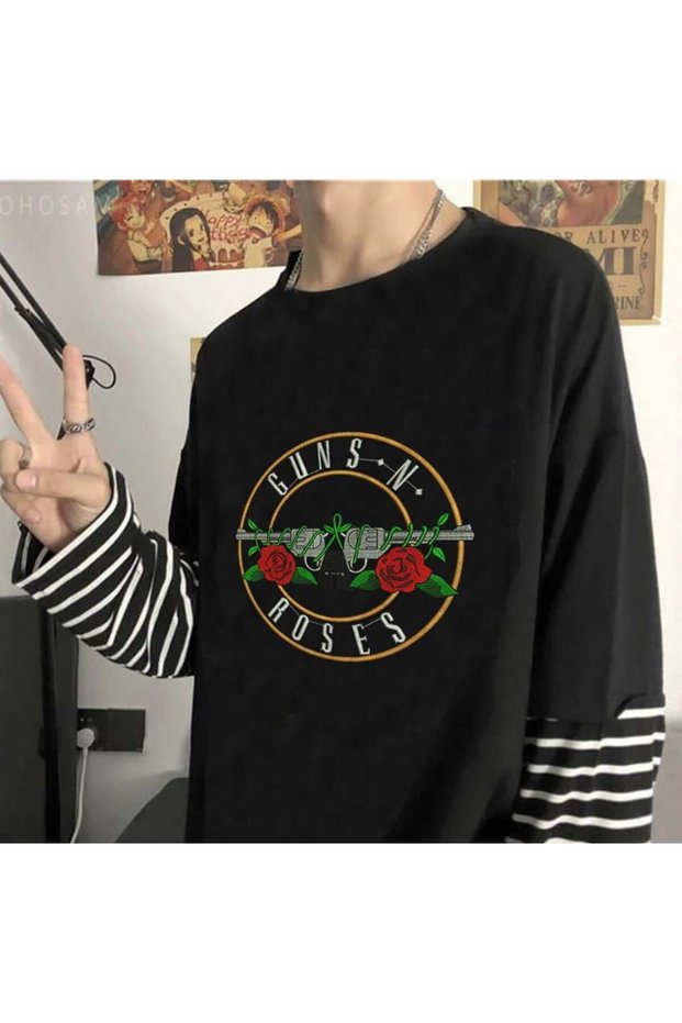Mi̇ngalondon Guns N' Roses Printed Fake Sleeves Unisex Black T-Shirt