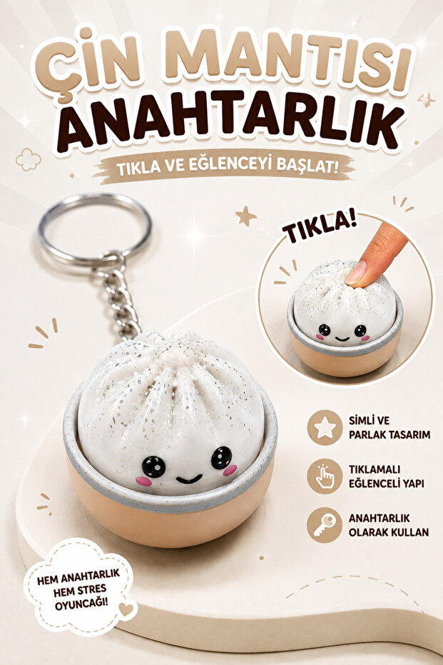 Glittery Chinese Dumpling Keychain and Stress Toy – Cream & Beige
