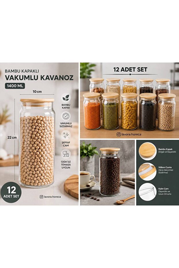 12 Vacuum 1400 ml Glass Jars with Bamboo Lids