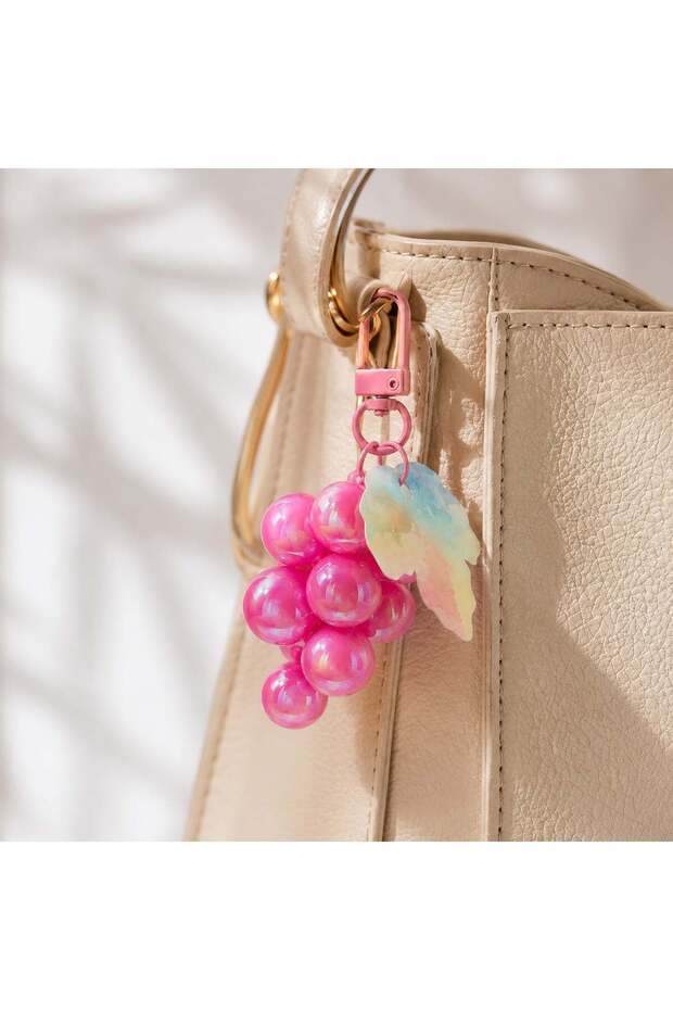 Pink Grape Bunch Bag Charm – Holographic Leaf Detailed Keychain