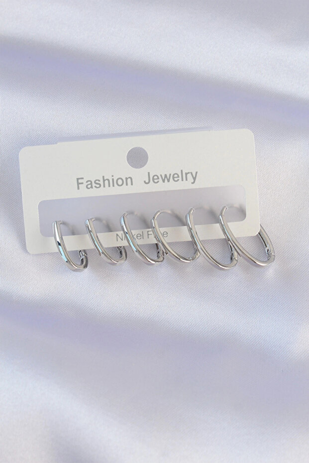 Brass Silver Color Thin Oval Earring Set