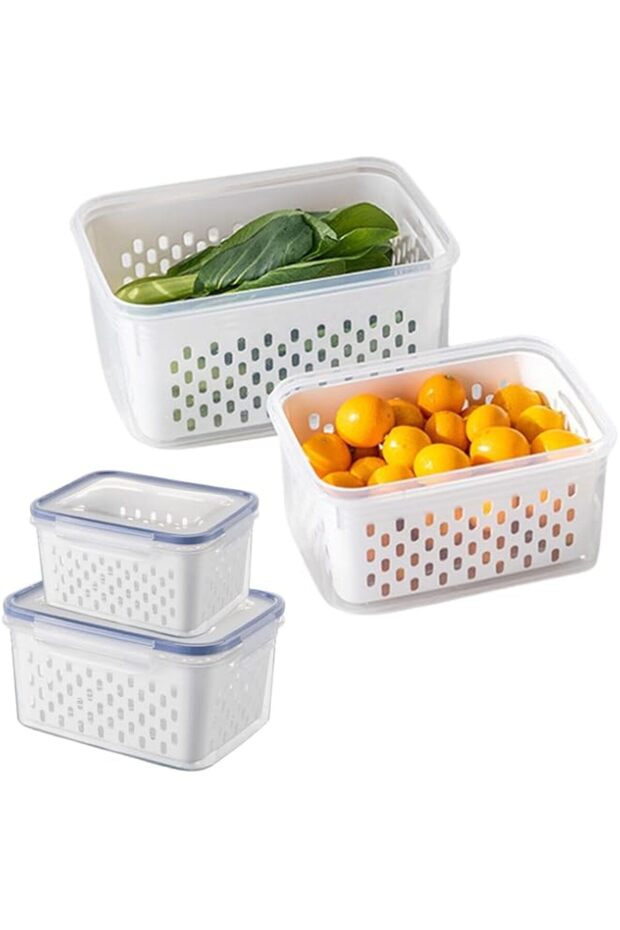 Storage Containers for Fridge, 2-Pack Leakproof Airtight Produce Saver Bins with Removable Colander Baskets, Keep Fruits Vegetables Fresh & Organized,Clear White