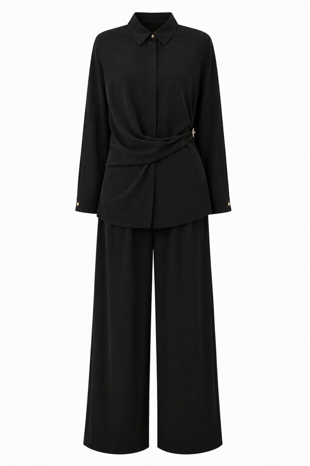Black Gold Buttoned Design Shirt and Trousers Set - 8856