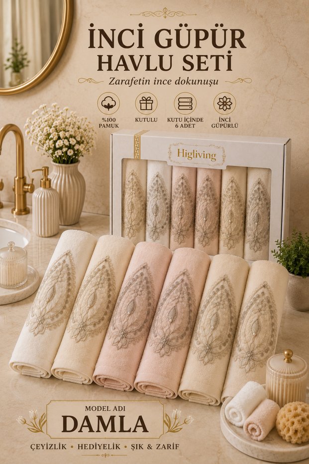 Pearl Laced Embroidered Gift Dowry Box for Bride and Groom, Boxed 100% Cotton Bath Towel Set 50X90 Size 6 Pieces