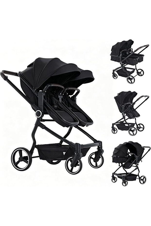 عربة أطفال مزدوجة للرضع والأطفال الصغار، عربة أطفال توأم خفيفة الوزن بتصميم جنبًا إلى جنب (أسود)