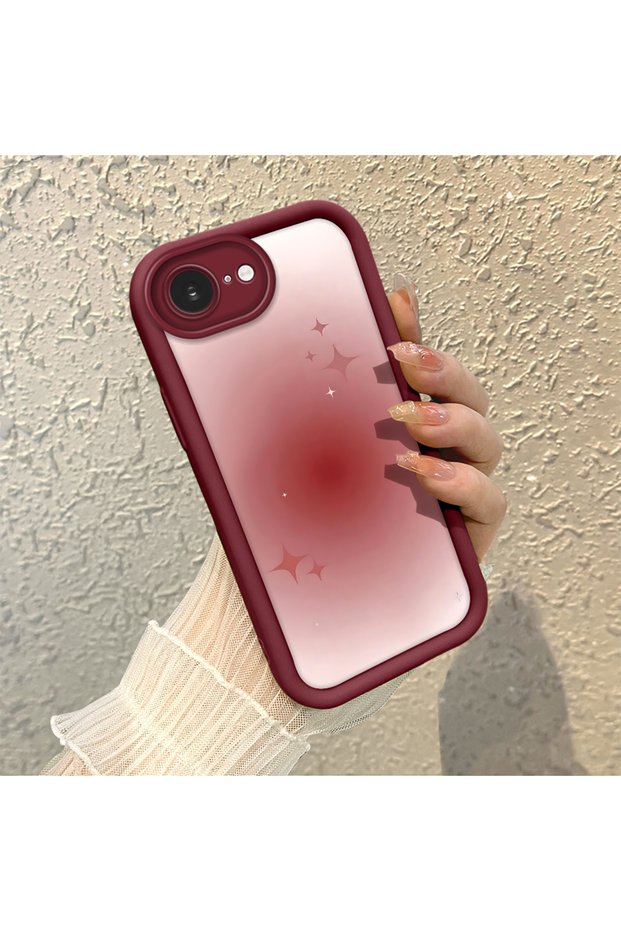 iPhone 16E Compatible Burgundy Fuzzy Gradient Star Pattern Silicone Case, Aesthetic Shockproof
