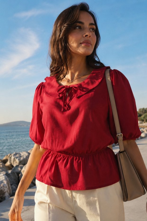 Women's Red Baby Collar Blouse with Elastic Waist and Sleeves Arm-26Y001101