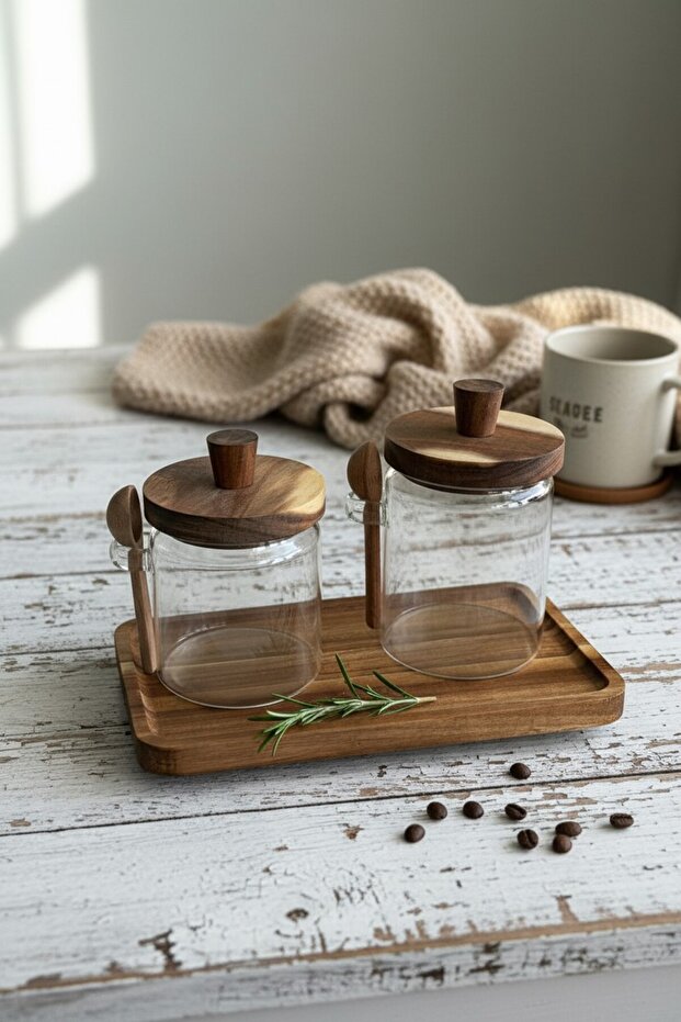 Acacia Jar Set with Stand and 2 Spoons (700-500 ml)