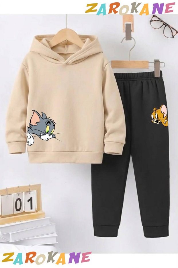 Cat-Mouse Printed Winter Children's Hooded Cotton Insulated Tracksuit Set (Bottom Tracksuit with Pockets)