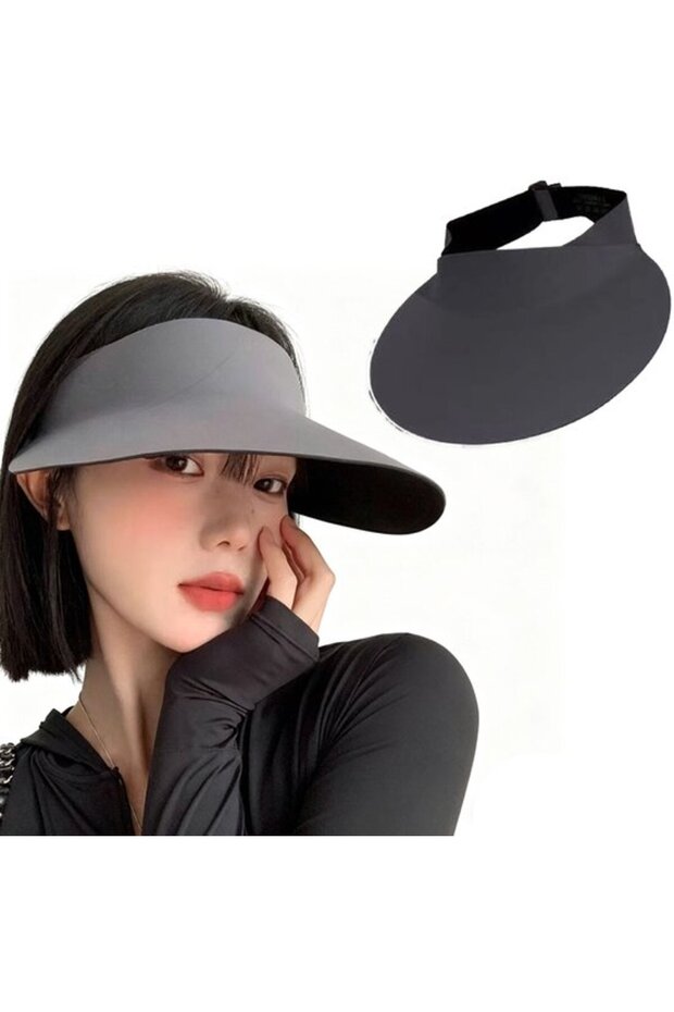 Women's wide-brim sun hat grey UPF50+ ponytail foldable quick-dry.