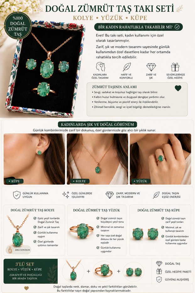 Emerald Natural Stone Jewelry Set | Necklace Ring Earrings | Rose Gold Color | Set of 3