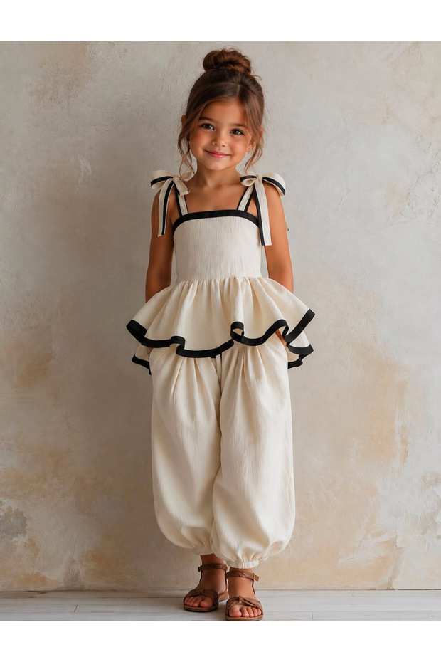 Girl's summer linen top and bottom set with black trim - stylish design - ages 3-4/9-10